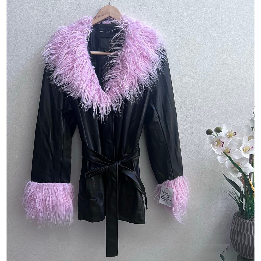 ASOS DESIGN Brog‎ Cuff Faux Leather Black & Pink 70’s Retro Jacket Women's US 14